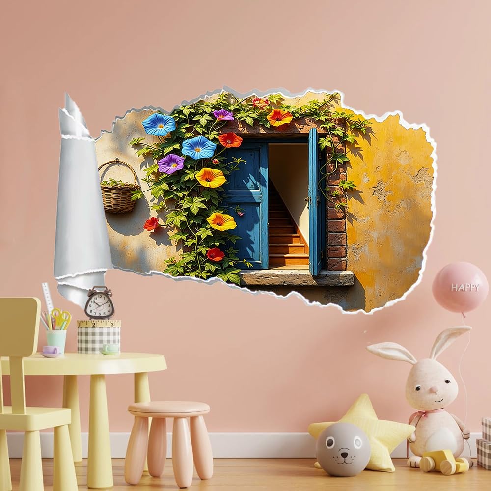 3D Durchbruch Wandtattoo Mädchen Kinderzimmer Prunkwinden Wandaufkleber Dekorative Blaue Tür Wandsticker für Junge Teenager Zimmer Wohnzimmer Schlafzimmer Wandbilder Deko