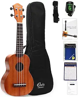 ELVISエルビス ソプラノウクレレ マホガニー材 U100S 美木目 検品後発送で安心 安心の３年保証 付属品８点セット：国内保証書・チューナー・厳選11曲の教則本・コードチャート・ピック・ストラップ・ポリシングクロース・ギグバッグ
