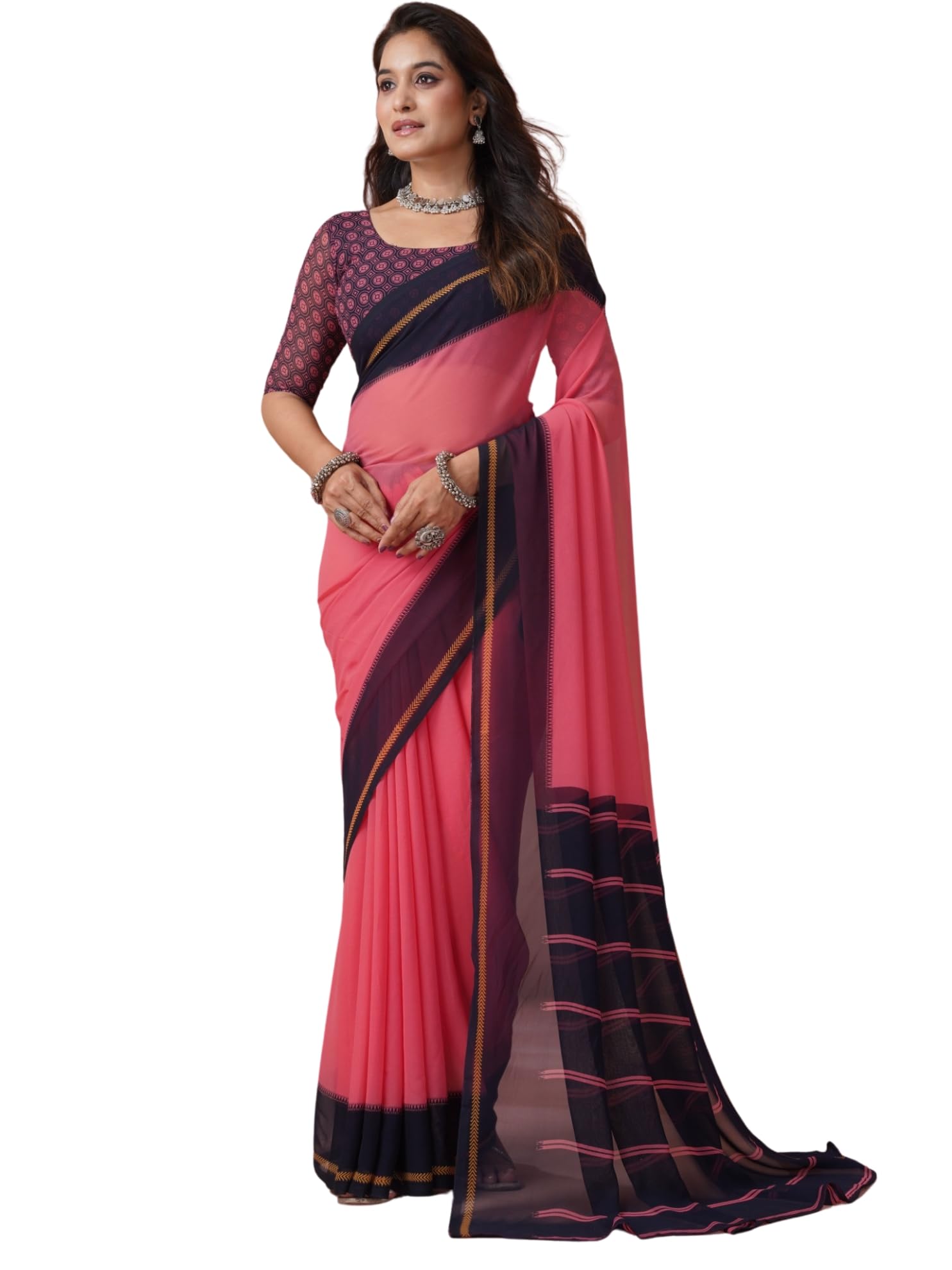 saanjh Women’s Pure Georgette Saree with Blouse Piece | Colorblock Saree with Contrast Border & Striped Pallu | Festive Party Saree-picture-53