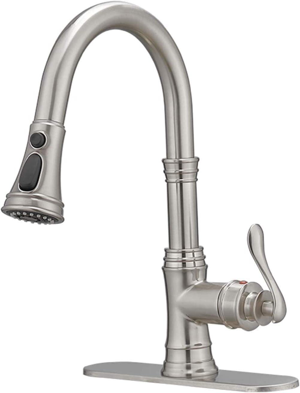 BWE Kitchen Faucet with Pull Out Sprayer 3 Spray Modes Brushed Nickel Single Handle Singe Lever High Arc Kitchen Sink Faucet with Deck Plate Commercial Bar Farmhouse Pull Down Sprayer Brushed Nickel Farmhouse