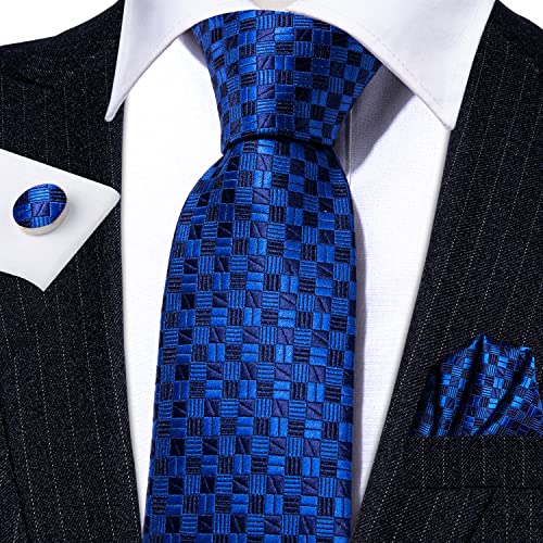 Image of Barry.Wang Plaid Ties Check Mens Necktie Set with Handkerchief Cufflinks Classic Stripe