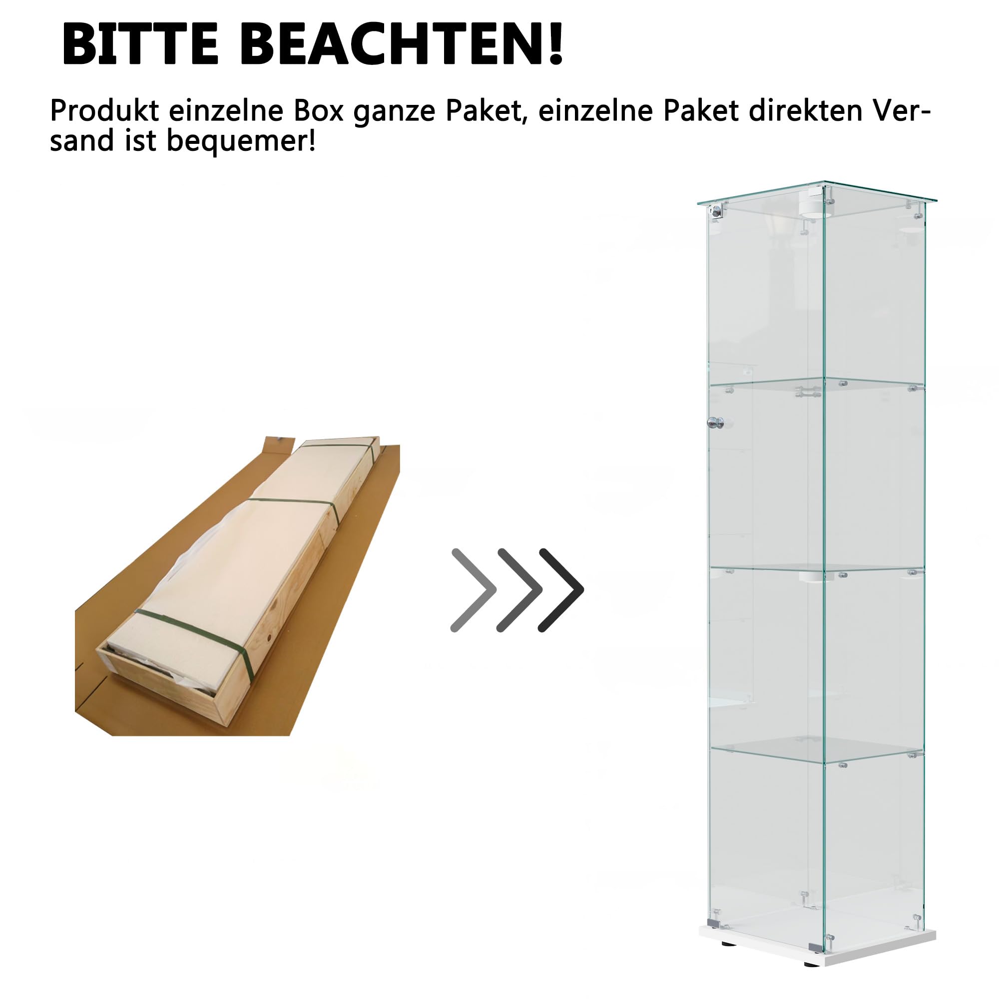 Vitrine aus Glas, 4 Schichten, Schrank mit Schloss, 163 x 35 x 39,8 cm, LED-Vitrine für Sammlung mit Möbel für Wohnzimmer