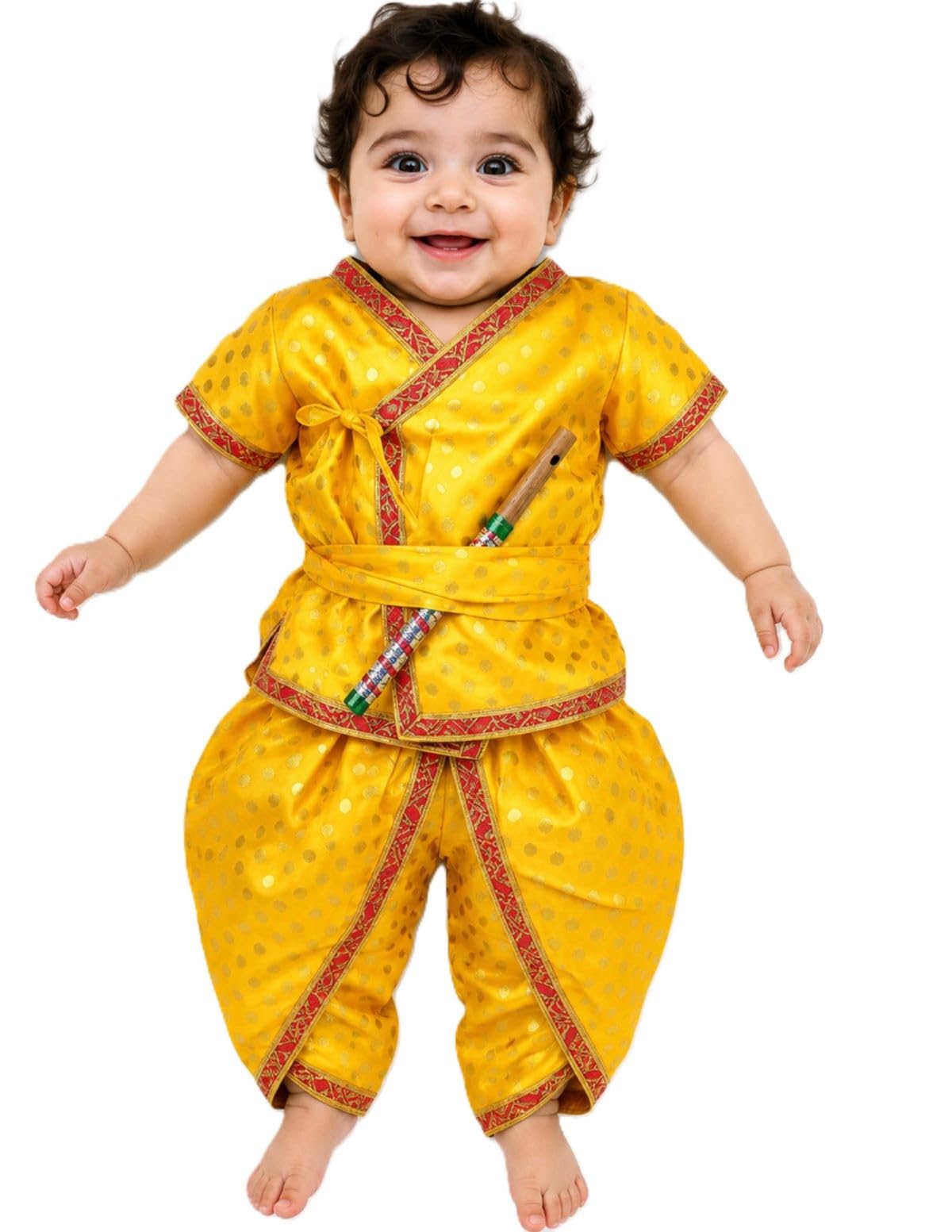 BookMyCostume Baby Krishna Kanha Kanhaiya Dhoti Kurta Polka Dots with Flute Kids Fancy Dress Costume 6-12 months