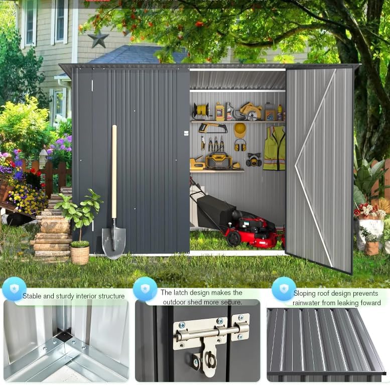 Close-up images showing the stable interior structure, secure latch design, and sloping roof of the shed.