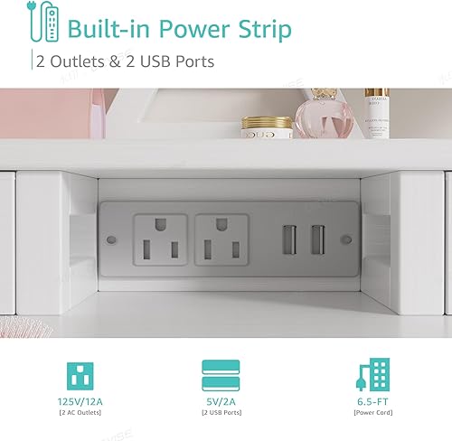 Vista 5 de Escritorio de maquillaje blanco con espejo y luces, juego de tocador con silla, tocador de maquillaje con cajones y toma de corriente