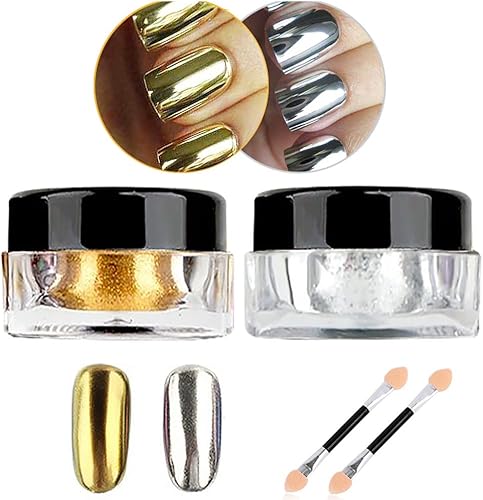 Polvo cromado metálico Hisight 2 piezas de espejo de arte de uñas con purpurina cromada, pigmento en polvo, lentejuelas para uñas, color dorado y