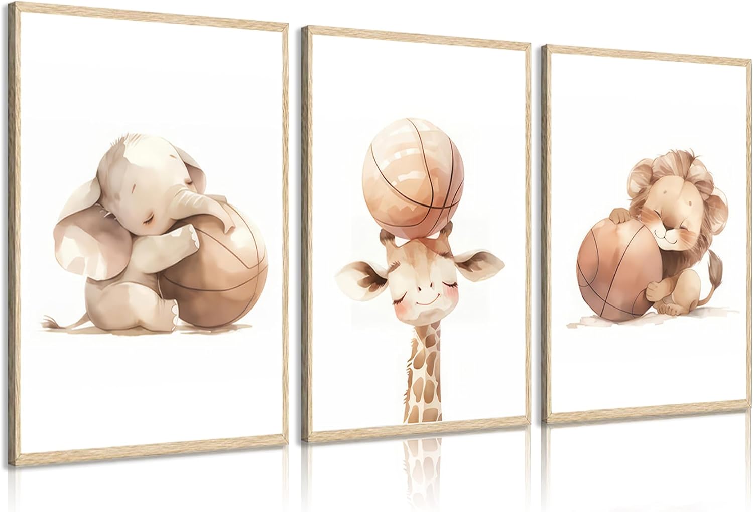 Baby Animal Nursery Canvas Wall Art Cute Safari Animals and Basketball Picture Vintage Wall Decor Giraffe Elephant and Lion Poster Print Artwork for Baby Children's Room Bedroom Decor 12x16in