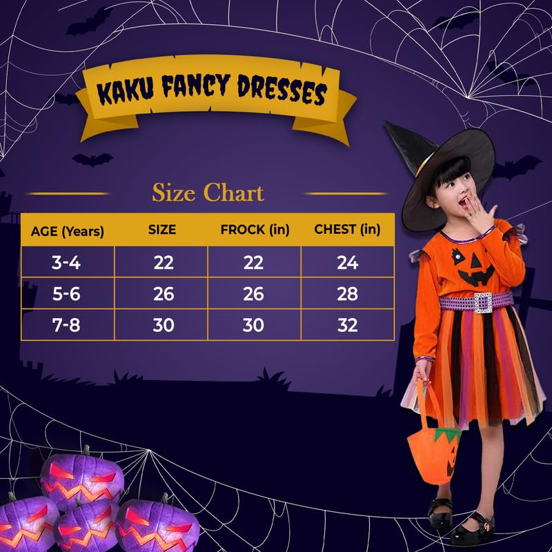 Image of Kaku Fancy Dresses Polyester Halloween Pumpkin Dress With Hat And Candy Basket Halloween Costume For Girls - Orange, 3-4 Years