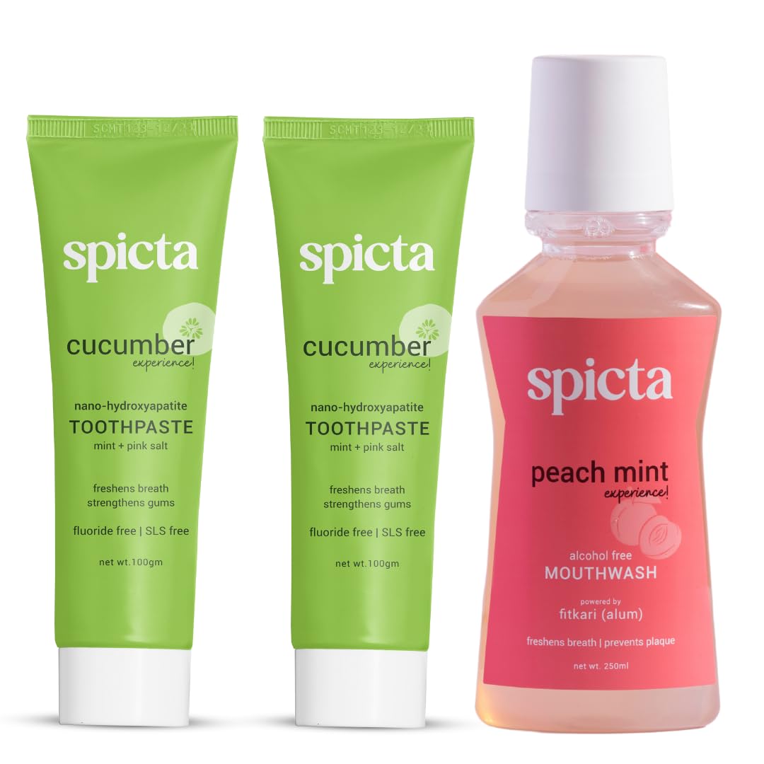 Spicta Cucumber Mint Natural Hydroxyapatite Toothpaste 125gm & Peach Mint Mouthwash 250ml|Alcohol Free Mouthwash Liquid with Fitkari (Alum)|Fluoride Free, SLS Free, Herbal for Adults & Kids Pack of 3