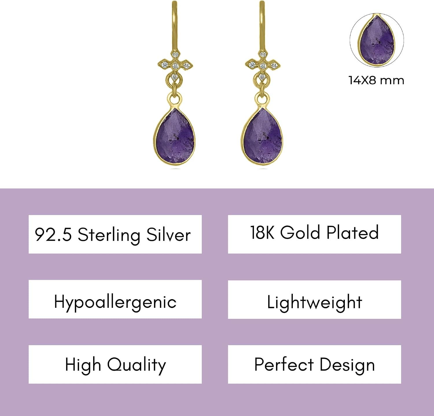 Amethyst Earrings for Women in Pear Drop Shape - 18K Gold Vermeil, Certified 925 Sterling Silver Earring - Hypoallergenic Gold Jewelry for Women, Ideal Mothers Day Gifts and Birthday Gifts for Women