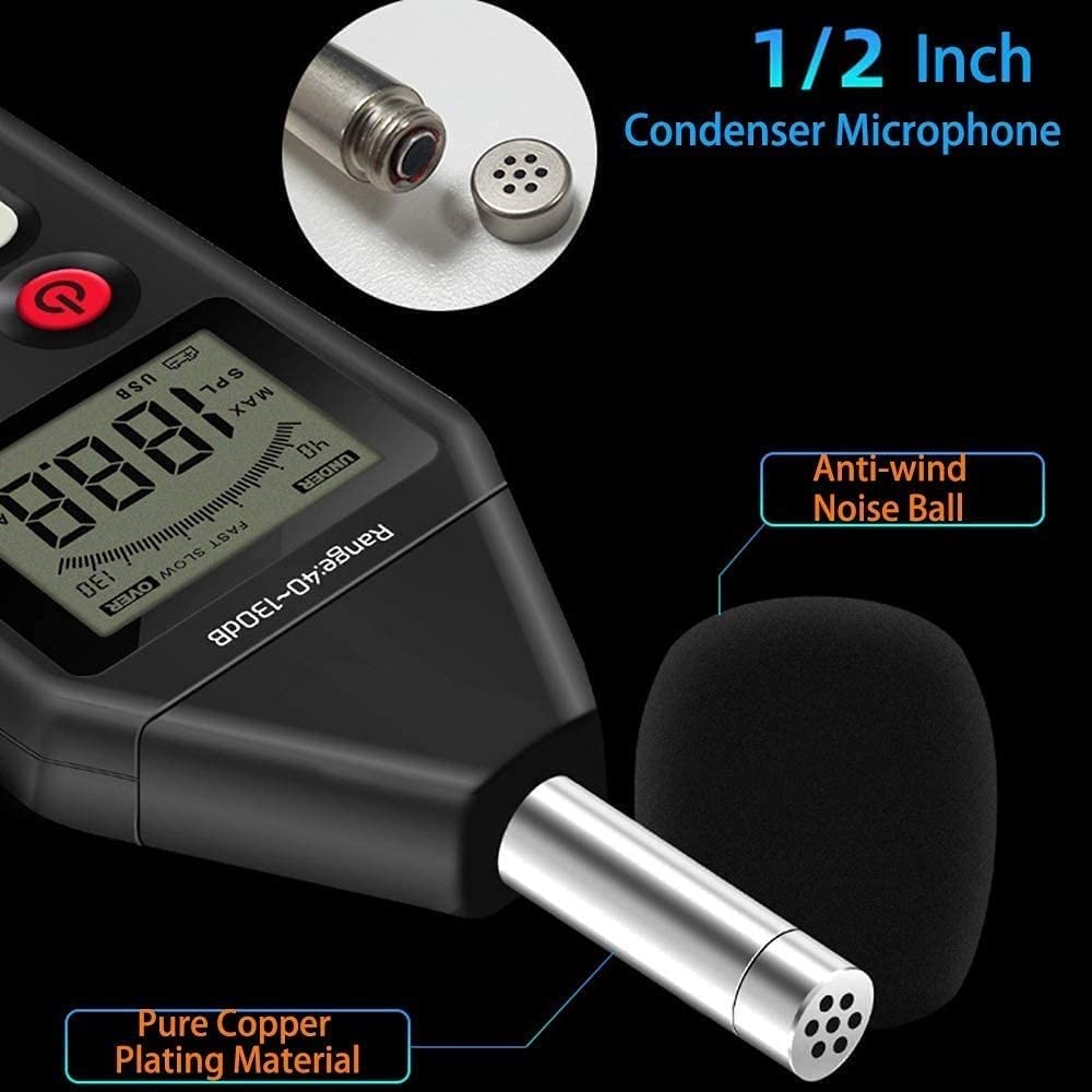 Sonómetro digital, rango de 40 a 130 dB, instrumento de medición de volumen de ruido, comprobador de monitoreo de decibelios autocalibrado.,Decibelímetro