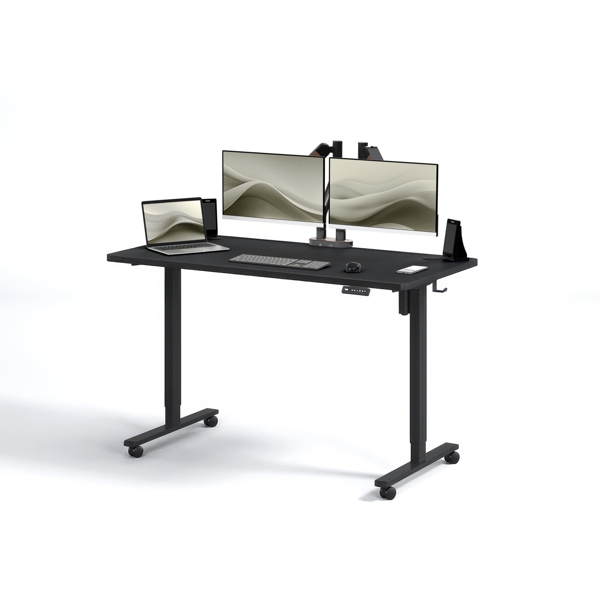 BLACK POINT Escritorio de Altura Regulable 140 x 70, Asiento ergonómico de pie, Mesa de pie, Ajustable, Color Negro, Rango de Altura 72-120 Ruedas Incluidas