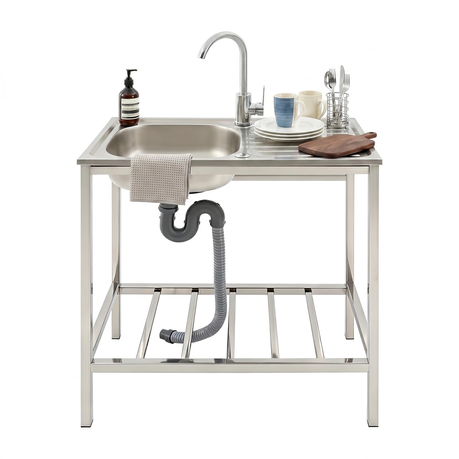 Fregadero de cocina independiente de acero inoxidable con grifo de 75 x 40 x 75 cm, lavabo con estante y desagüe, fregadero con grifo de agua caliente y fría de 360°, para exterior, para cocina