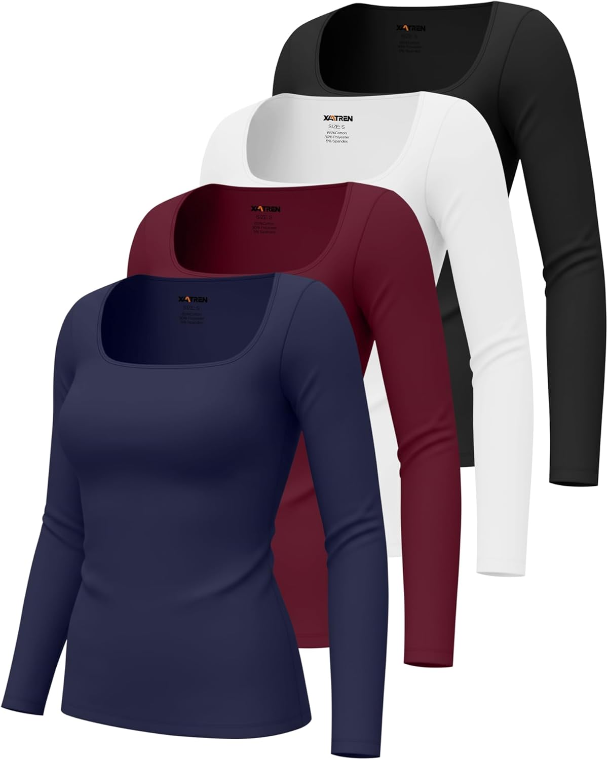 Xaatren 4 Pack Women's Underscrub Shirts Long Sleeve Square Tops Comfort Knit Fitted Layering Undershirts for Nurse