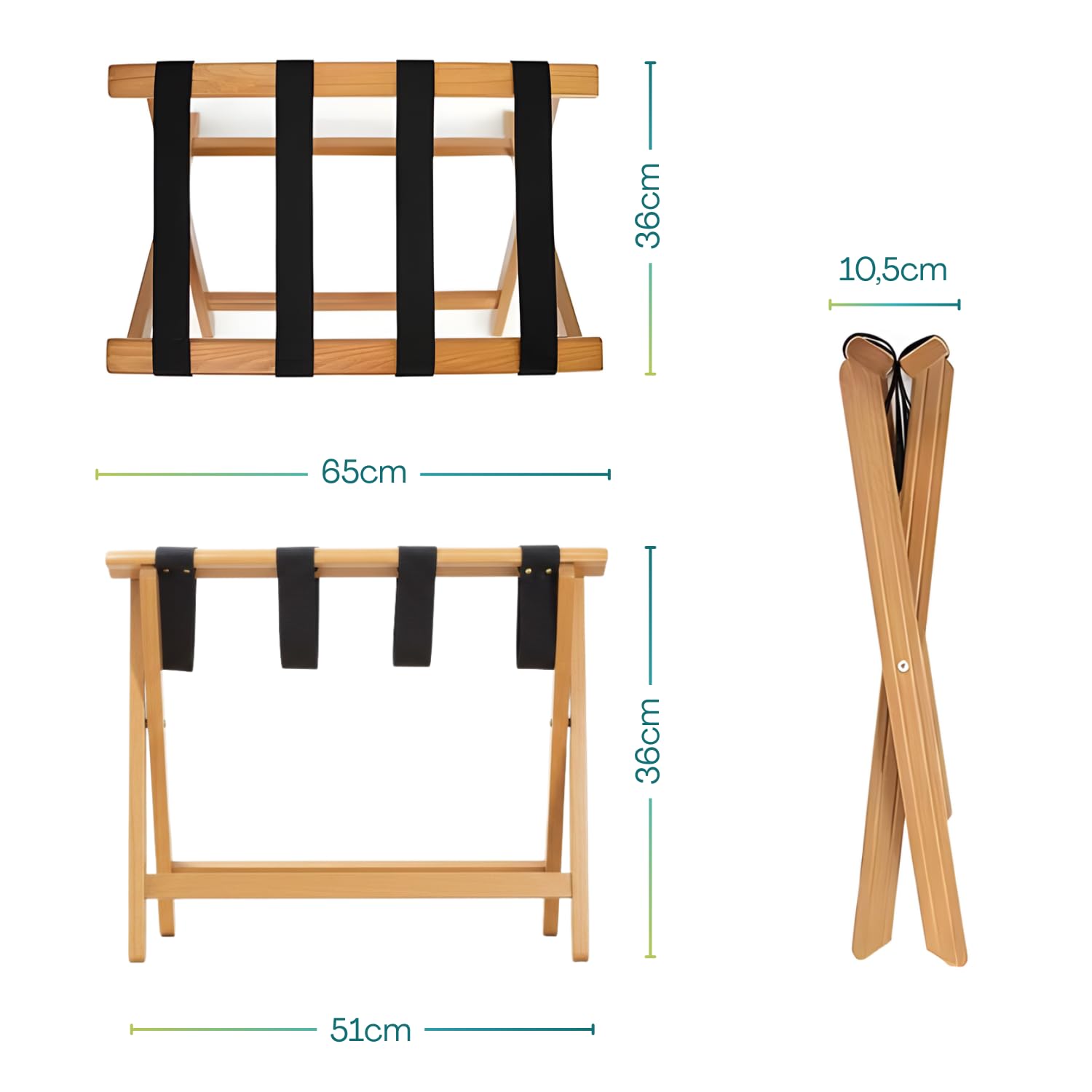 VIRSUS Porta Valigie Pieghevole in Legno Bamboo 65x36x36 cm con 5 Cinghie Cavalletto Sgabello Reggivaligia