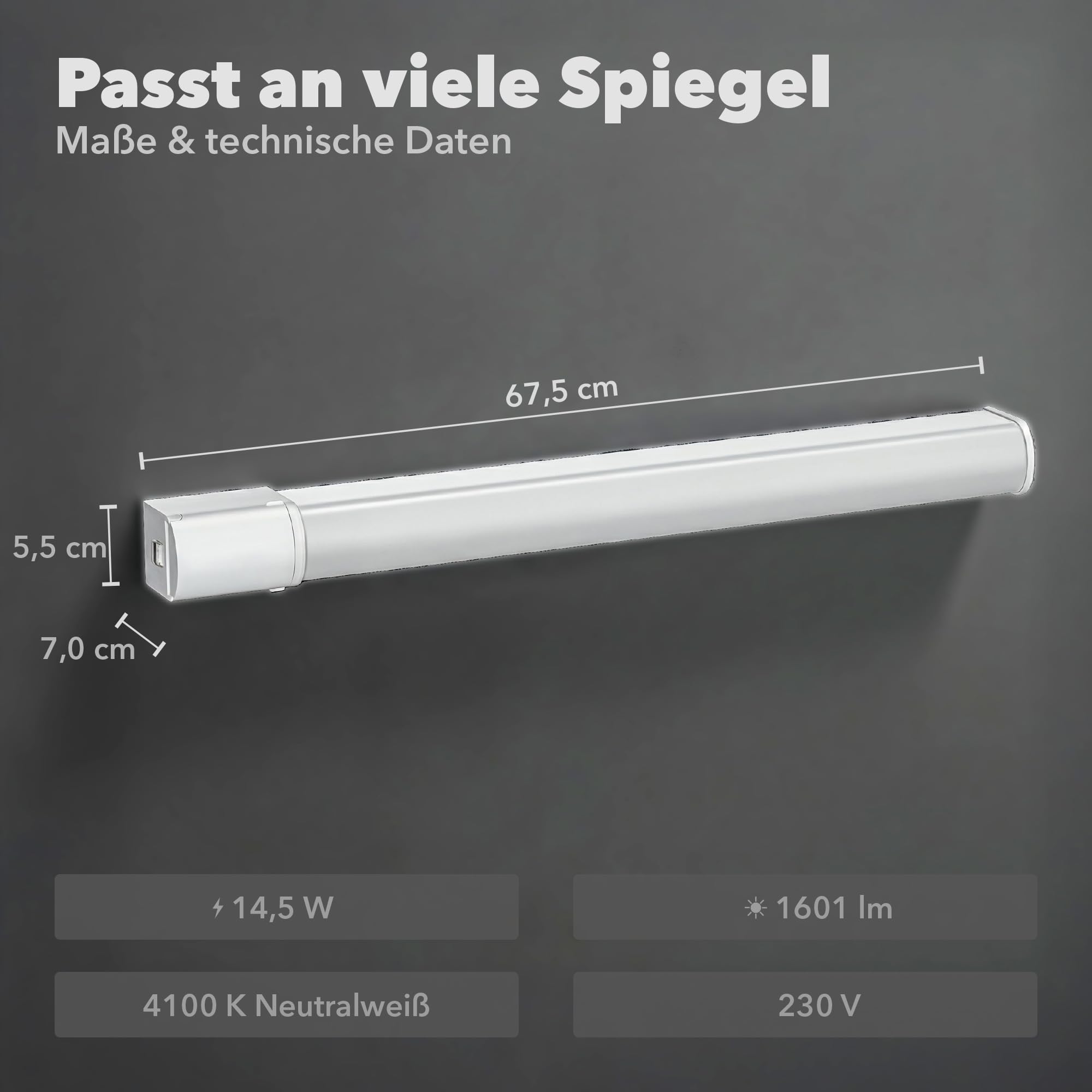 ledscom.de Lampada LED a specchio FERIG, lampada da bagno con presa, 67,5 cm, 14,5 W, 1601lm, bianco
