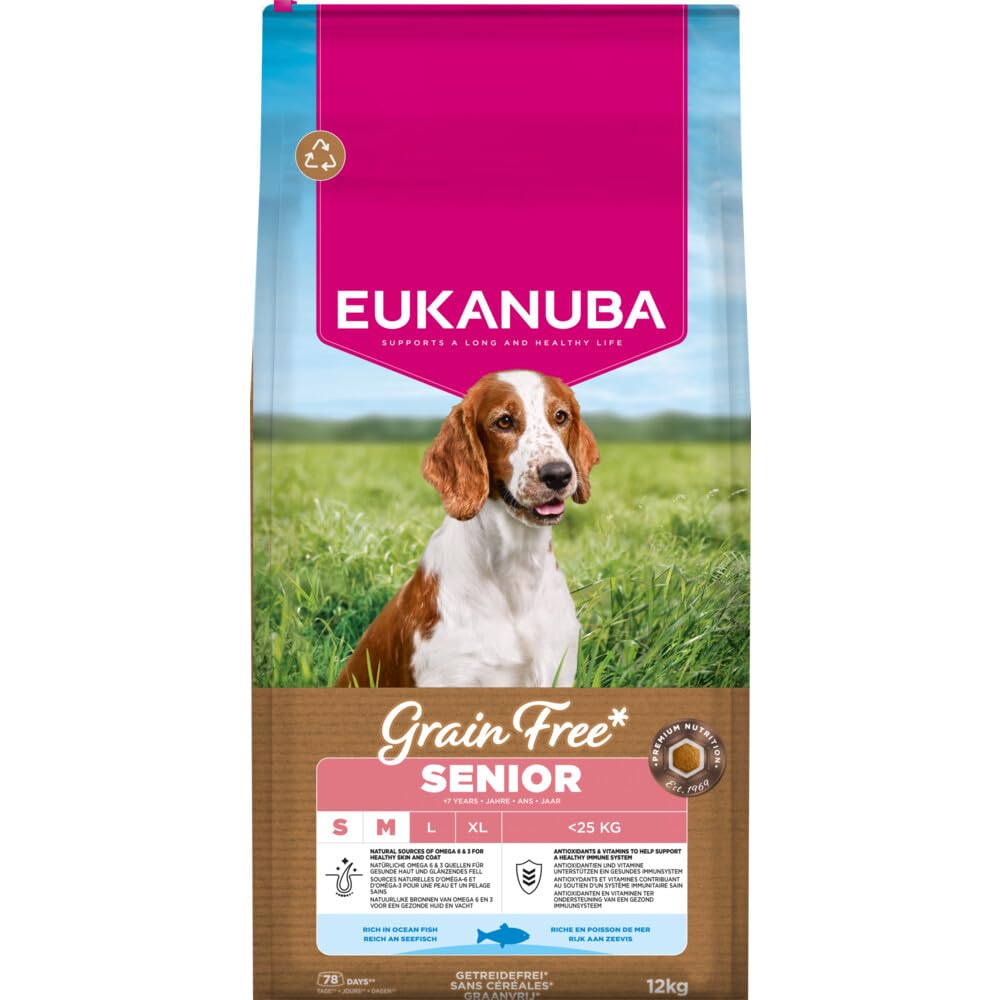 Eukanuba Senior Karma dla psów bez zbóż, z rybami dla małych i średnich ras, sucha karma premium bez zbóż dla starszych psów, 12 kg