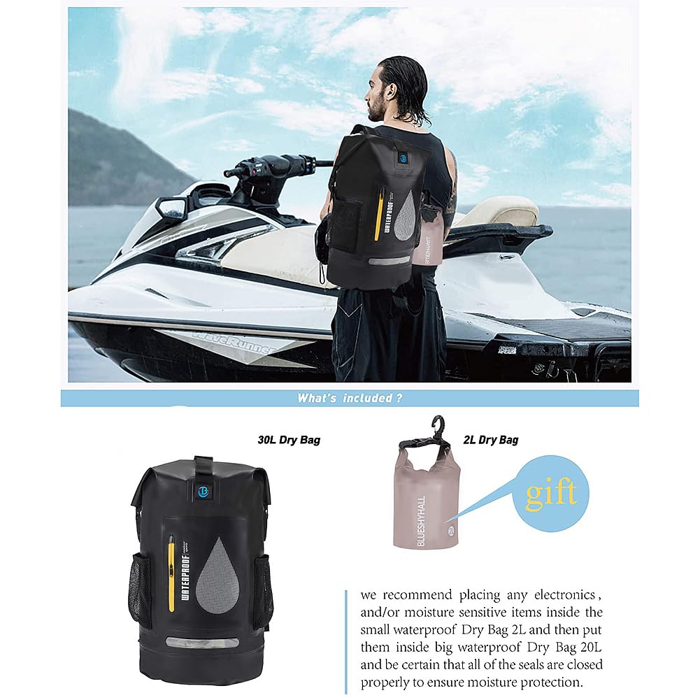 Zaino impermeabile da 30 l, per nuoto, pesca, surf, rafting, canottaggio, kayak, canoa, con sacca extra piccola da 2 l