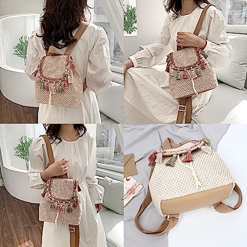 Women Small Tassels Straw Woven Backpack Flap Drawstring Bucket Bag2