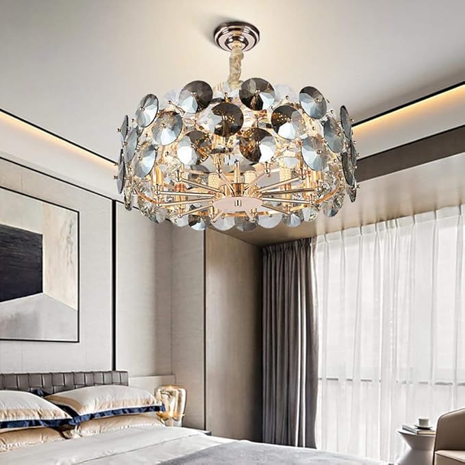 ZGJYSP Rook Grijs Ronde Kristallen Kroonluchter LED Lamp Warm Licht Moderne Creatieve Persoonlijkheid Luxe Thuis Woonkamer Zitkamer Villa Restaurant (Grootte: Diameter 50 cm)