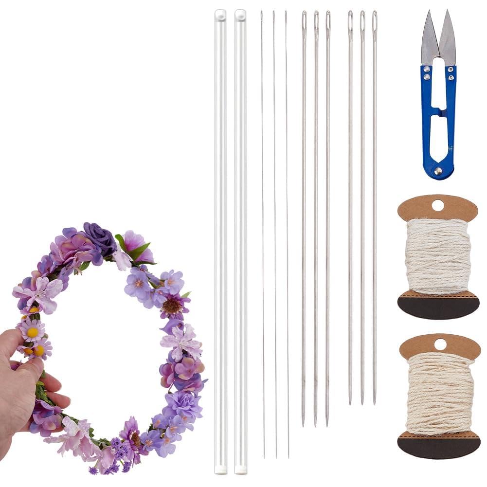 AHANDMAKER El kit de agujas Lei de 18 piezas incluye 6 agujas largas de acero inoxidable de 9.8/11.8/14 pulgadas, 3 rollos de cordel de aguja, 1 tijeras de costura para bricolaje, graduación