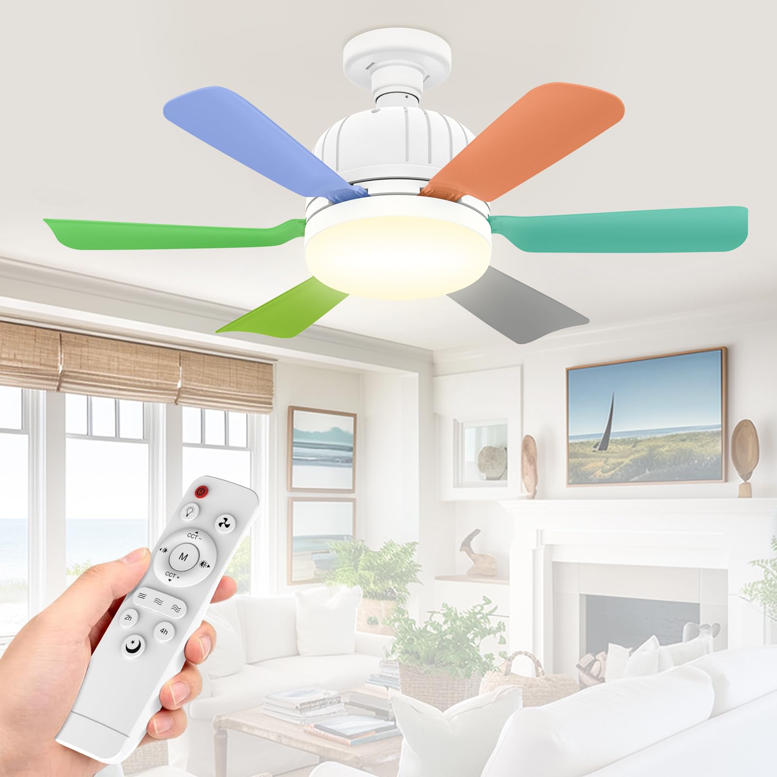 Oiwerh E27-Colorful 46Cm E27/B22 Ceiling Fan Light Bulb Bayonet Fitting, Ceiling Fans With Lights And Remote, Ceiling Fans Lights Dimmable, Ceilings Lamp With 3 Speeds Timing, 6 Blades
