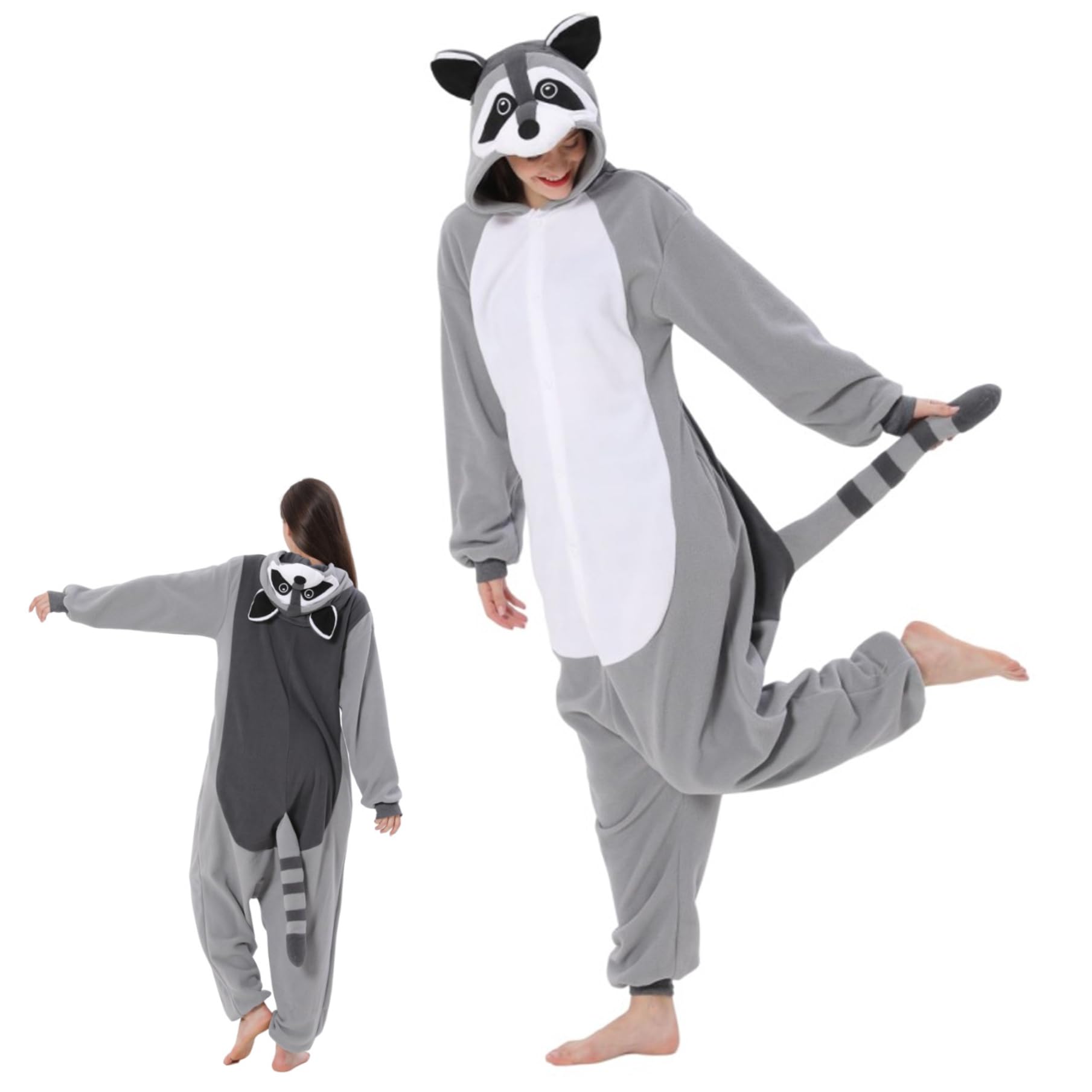 Mono de Mapache para Adulto Pijama de Mapache con Capucha y Cola Mono de Animal de Forro Polar con Cierre de botón Disfraz Lindo y térmico para Navidad, Halloween...