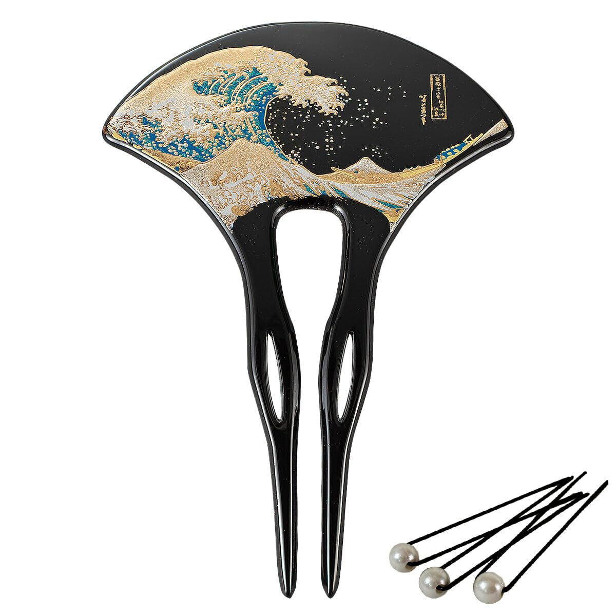 Yamanaka Lacquerware Kanzashi Wave Black Hair Pin Set Kimono Japan 5.3in