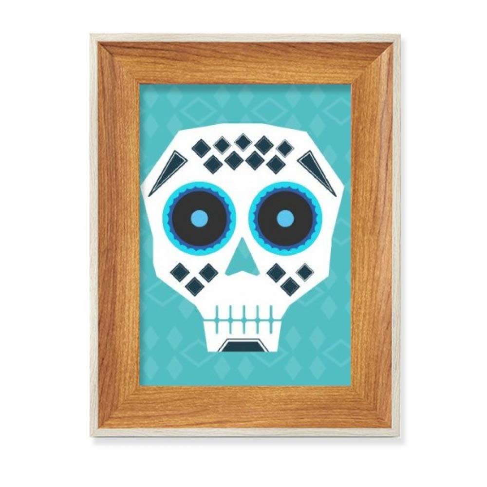 Cadre photo en bois tête de mort mexicaine aux yeux bleus pour décoration murale