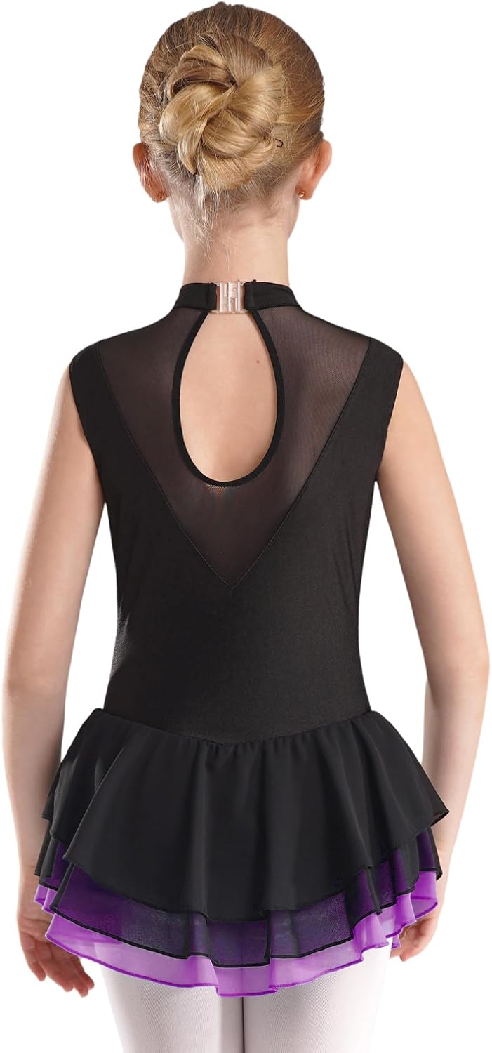 Agoky Girls Figure Ice Skating Dress Sheer Mesh Sleeveless Rhinestone Ballet Leotard Lyrical Skating Performance Costume