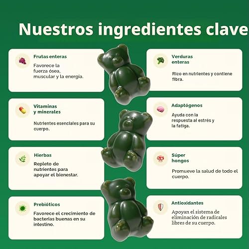 Miniatura 2 de Gruns - Gomitas multivitamínicas Super Greens para adultos, superalimento de vitaminas con espirulina, clorella, fibra prebiótica para la salud