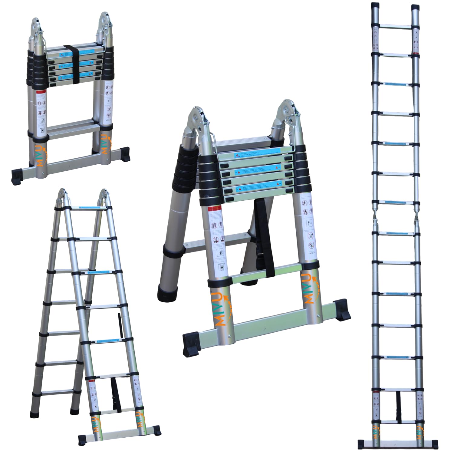 Mivu 14.5ft Portable & Extendable A-Shaped 2in1 Multipurpose Telescopic Foldable Aluminium Ladder | Ultra-Stable | Household & Outdoor | with Stabilizer Bar & Safe Locking Hinges | 14steps (2.2M+2.2M)-image-43