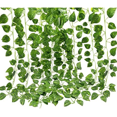 GoFriend 12 Strands (83 Feet) Artificial Ivy Garland Foliage Green Leaves Fake Hanging Vine Plant for Wedding Party Garden Wall Decoration Cover