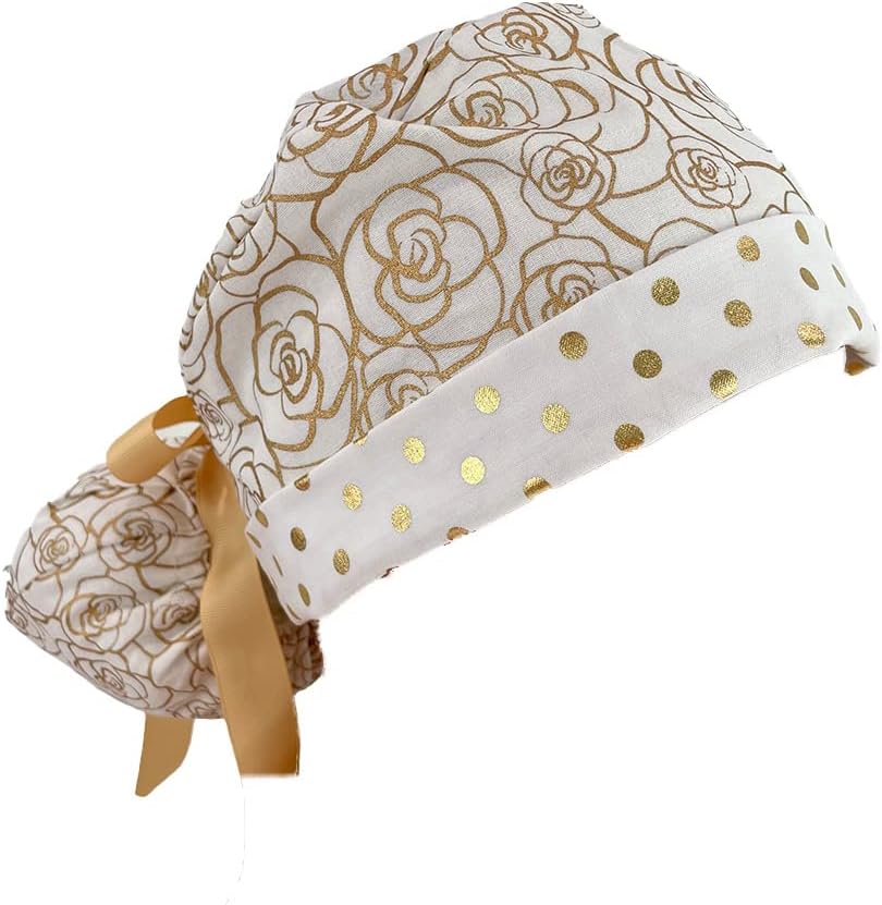 Turn Up Ponytail Medical Scrub Cap – Gold Flowers and Dots - Dr. Hats, Nurses Hats