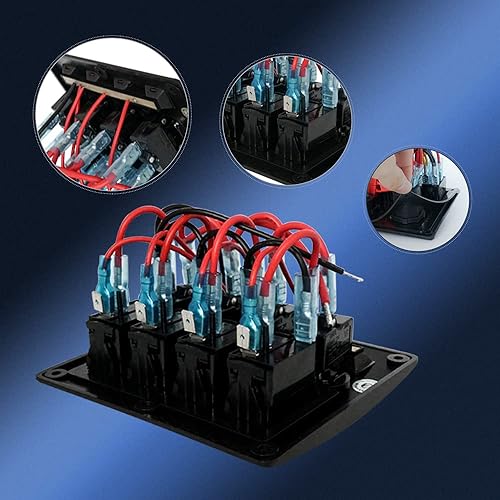 Miniatura 9 de Panel de interruptor basculante precableado de 4 bandas, impermeable, 12 V 24 V con fusible, interruptor de circuito con indicador LED rojo de 3