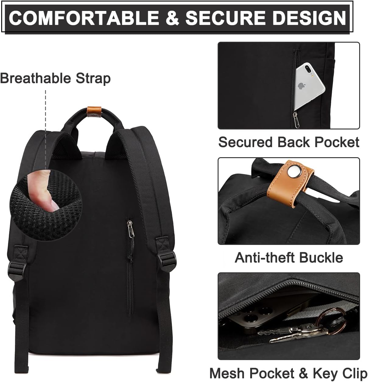 VASCHY School Backpack for Men and Women, Unisex Vintage Water Resistant Casual Daypack Rucksack Bookbag for College Fits 15inch Laptop Black - Image 5