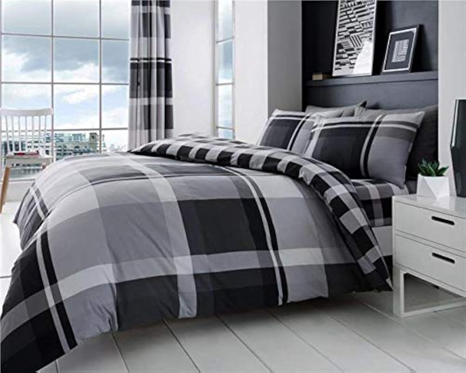 Homemaker ® Grey duvet set wide tartan check squares quilt cover & pillow cases (Double)