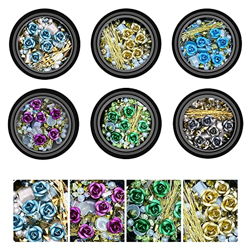 Flower Nail Rhinestones,Nail Art Studs Gems 6 Boxes Mixed Metal Rose Charms Gold Shell Line Sparkle Set, Colorful Pearl Diamond Artificial Gradient Jewelry Diy 3D Nail Craft Art Decoration (Style 1) #TOP1