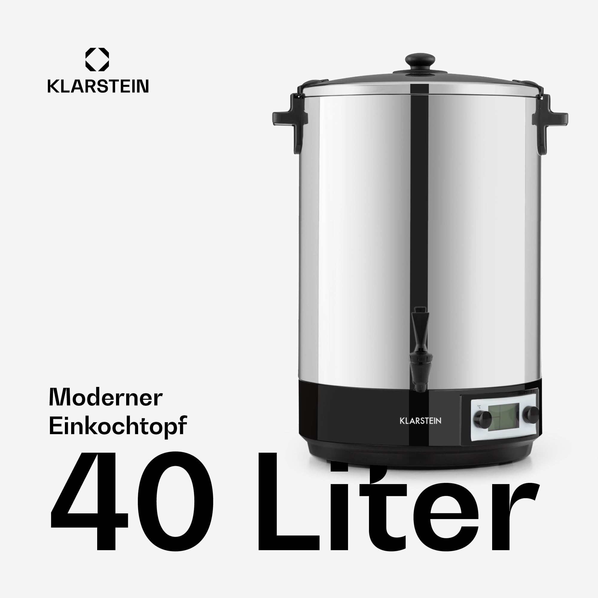 Klarstein KonfiStar 40 Digital Einkochautomat Einkochtopf Einkocher Heißgetränkespender, 40 Liter, 2500 Watt, 30-100 °C, Timer, Warmhalte-Funktion, Deckel mit Verschluss, Edelstahl poliert