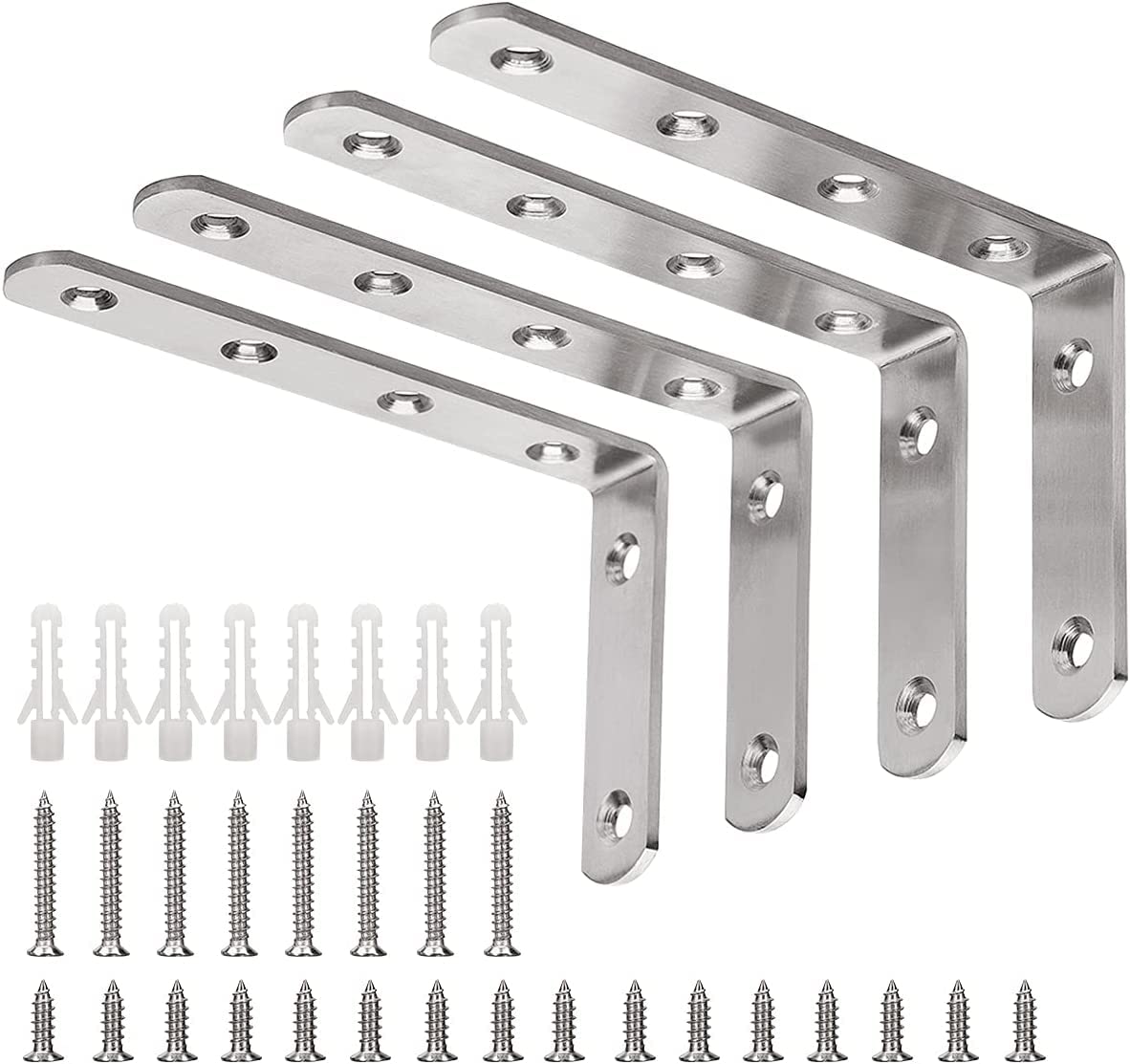 Rubik L Bracket with Screws, Max Load: 20KG, 4pcs Heavy Duty Stainless Steel Solid Shelf Support Corner Brace Joint Right Angle Bracket (150x100x24mm)