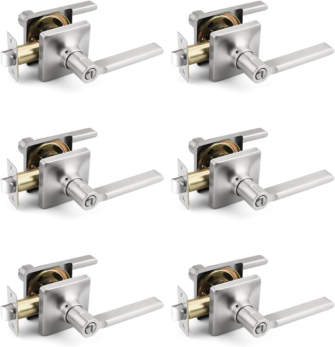 Mengico 6 Pack Privacy Door Handle, Satin Nickel Keyless Interior Door Knobs, Heavy Duty Square Door Lock for Bedroom & Bathroom, Reversible Flat Door Lever