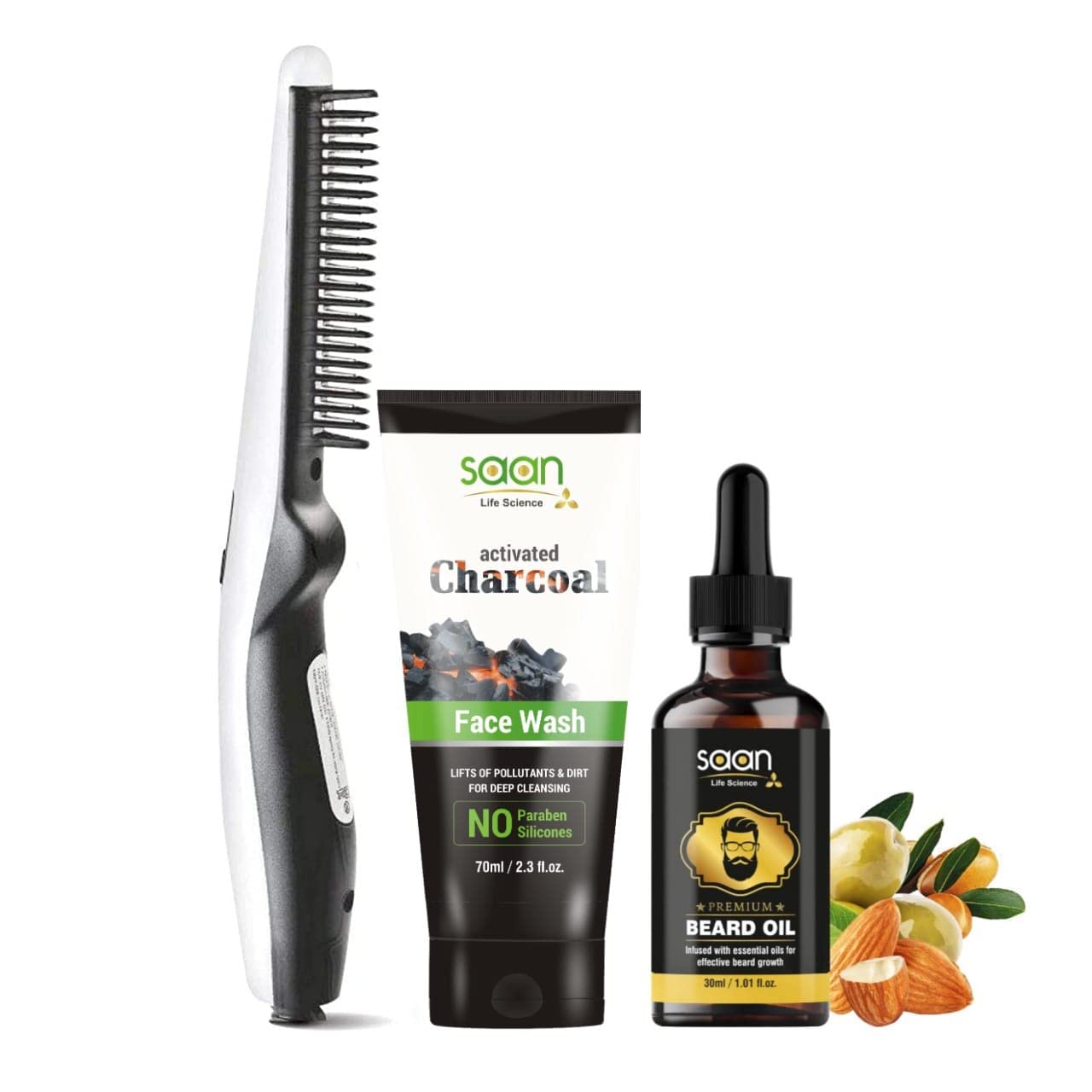 3-in-1 Beard Straightening Kit With Premium Beard Oil, Activated Charcoal Face Wash & Anti-Burn Beard Straightener | Made in India