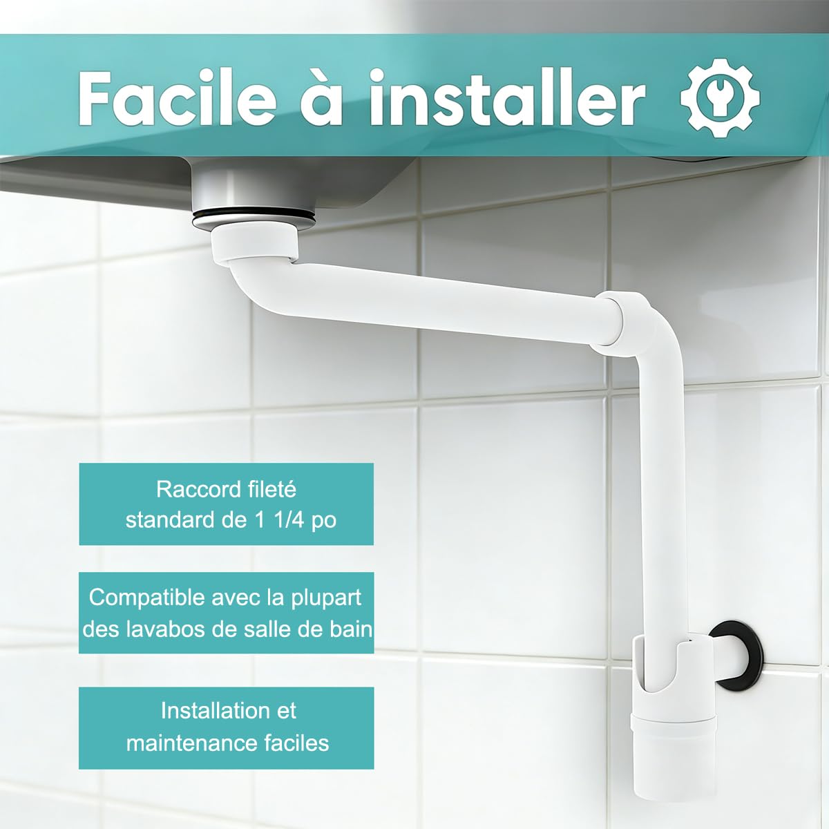 Siphon de lavabo compact 32 mm, siphon pivotant réglable en P pour salle de bain, tuyau d'évacuation mural rotatif à 360° (blanc)