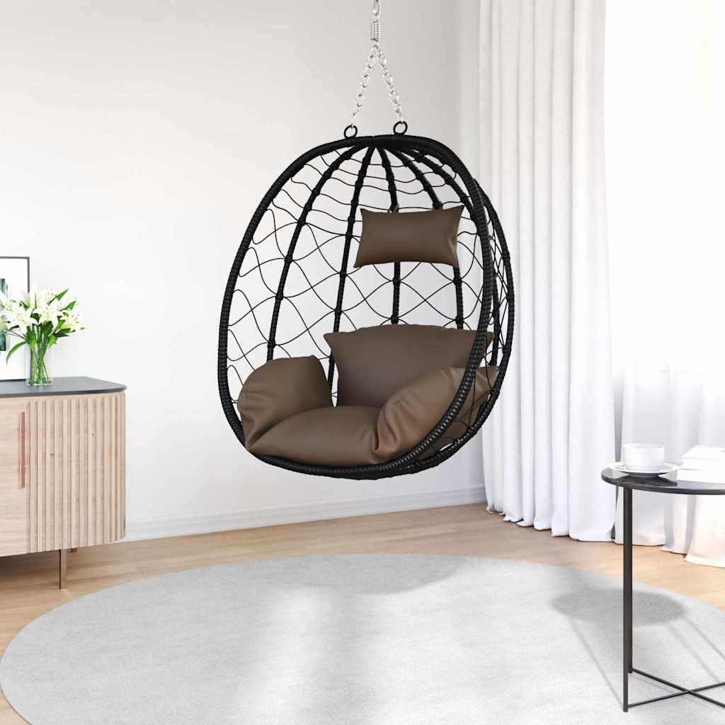 Hamaca colgante de ratán con forma de huevo, plegable, color café, 91,5 x 54,5 x 107 cm, con cojín y reposacabezas para salón, balcón, jardín, terraza