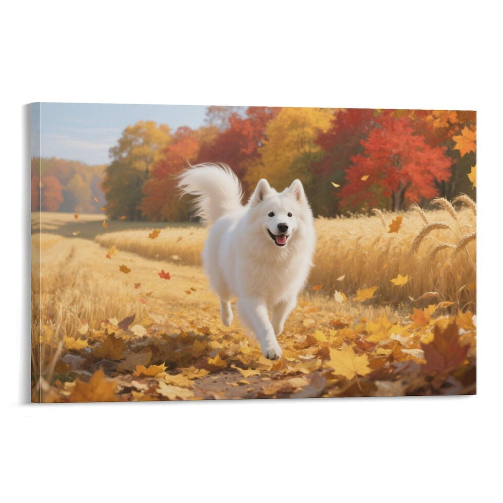 YYVKPMLXC Wall Art Samoyed Dog Canvas Pictures Autumn Wheat Field Giclee Artwork Modern Stretched Decor by Paintings Ready To Hang for Living Room Decoration 16x24inch(40x60cm)