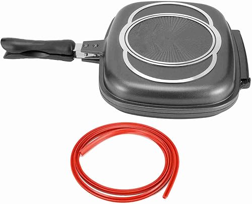 Sartén de doble cara para barbacoa, sartén portátil para hornear de 12.6 x 10.2 x 2.6 pulgadas, color negro, adecuado para tortillas, panini, pollo,