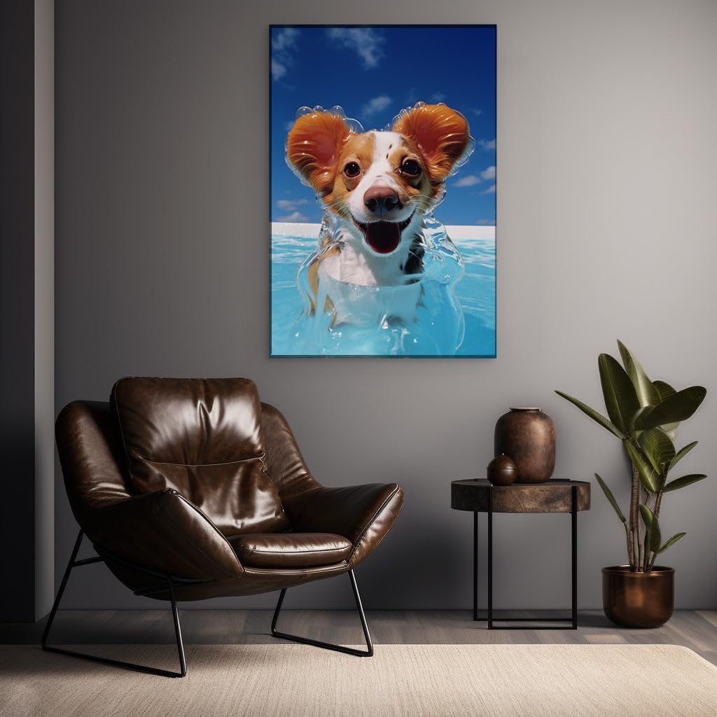 Canvas for Living room. Puppy Paddle Paradise - Joy Unleashed in a Cool Blue Oasis, 27 x 18 inch Canvas Wall Art - Cavalier King Charles Spaniel - Modern Home Decor - 69x46 cm (27x18 inch)