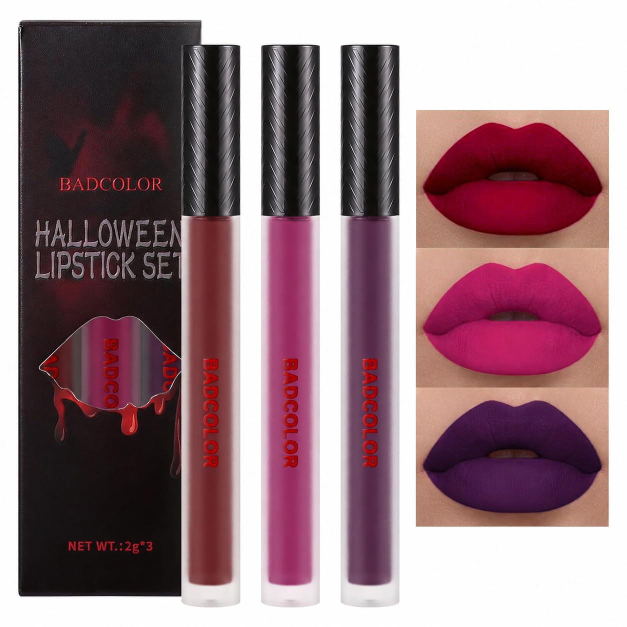 BADCOLOR 3 Colors Matte Liquid Lipstick Set, Purple Burgundy Rose Red Lip Stain for Women…