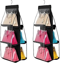 6 Pocket Purse Organizer, Black, PVC & Fabrics, 90 x 35 x 30cm, 255g, Holds 6 Bags, Wall Mountable, Perfect for Organizing Closets & More