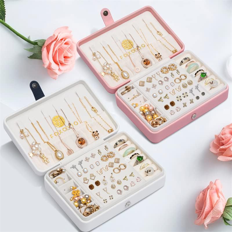FOXOVIO Jewellery Box, Small Travel Faux Leather Jewellery Organiser Case for Earrings, Necklace, Rings and Bracelets, Jewelery Box for Women, Portable Jewelry Box and Organiser for Travelling & Home
